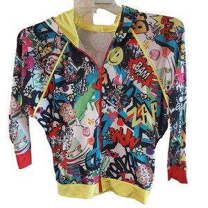 Colorful Graphic Print Hoodie Jacket With Yellow Hood & Red Accents For Kids Fro